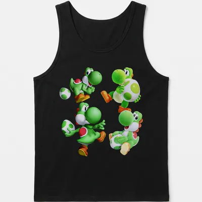 Cartoon print featuring Green Yoshi characters and playful text in vibrant colors. — printed on a tank top