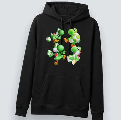 Cartoon print featuring Green Yoshi characters and playful text in vibrant colors. — printed on a unisex hoodie