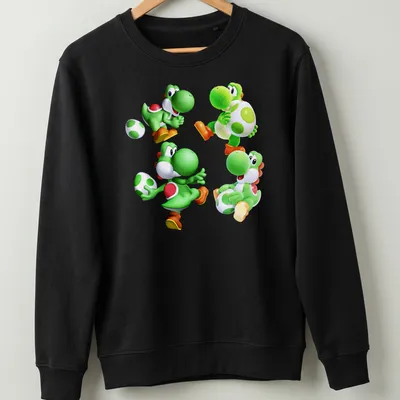Cartoon print featuring Green Yoshi characters and playful text in vibrant colors. — printed on a unisex sweatshirt