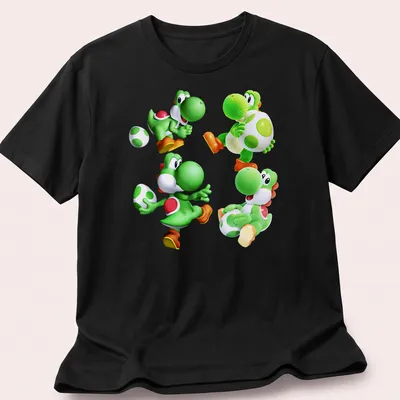 Cartoon print featuring Green Yoshi characters and playful text in vibrant colors.