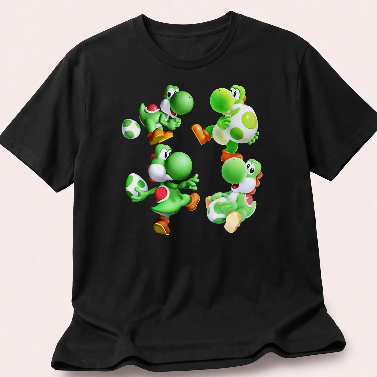 Cartoon print featuring Green Yoshi characters and playful text in vibrant colors. — printed on a unisex t-shirt