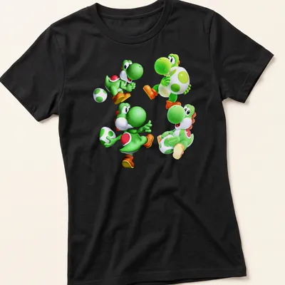 Cartoon print featuring Green Yoshi characters and playful text in vibrant colors. — printed on a women's shirt