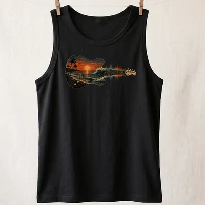 Vintage-style T-shirt featuring a guitar with ocean waves and sunset colors — printed on a tank top