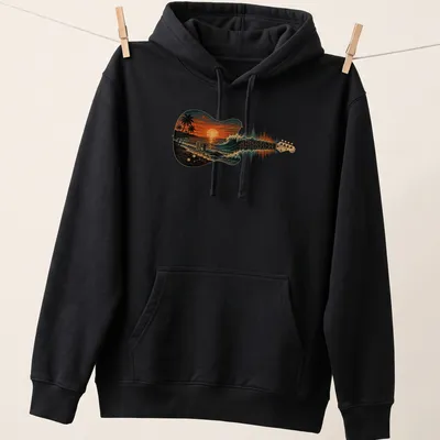 Vintage-style T-shirt featuring a guitar with ocean waves and sunset colors — printed on a unisex hoodie