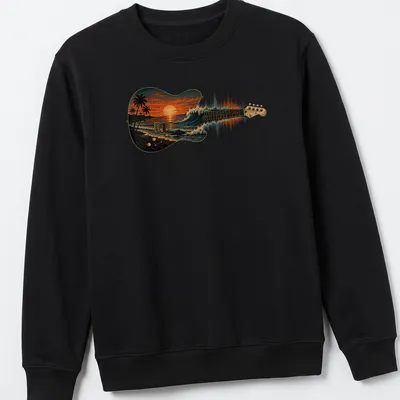 Vintage-style T-shirt featuring a guitar with ocean waves and sunset colors — printed on a unisex sweatshirt