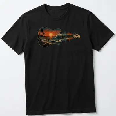 Vintage-style T-shirt featuring a guitar with ocean waves and sunset colors