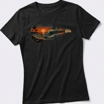 Vintage-style T-shirt featuring a guitar with ocean waves and sunset colors — printed on a women's shirt