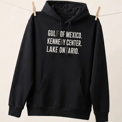 Bold typography featuring Gulf of Mexico, Kennedy Center, and Lake Ontario. — printed on a unisex hoodie