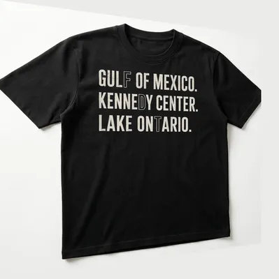 Bold typography featuring Gulf of Mexico, Kennedy Center, and Lake Ontario. — printed on a unisex t-shirt (angled view)