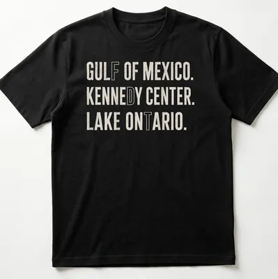 Bold typography featuring Gulf of Mexico, Kennedy Center, and Lake Ontario.