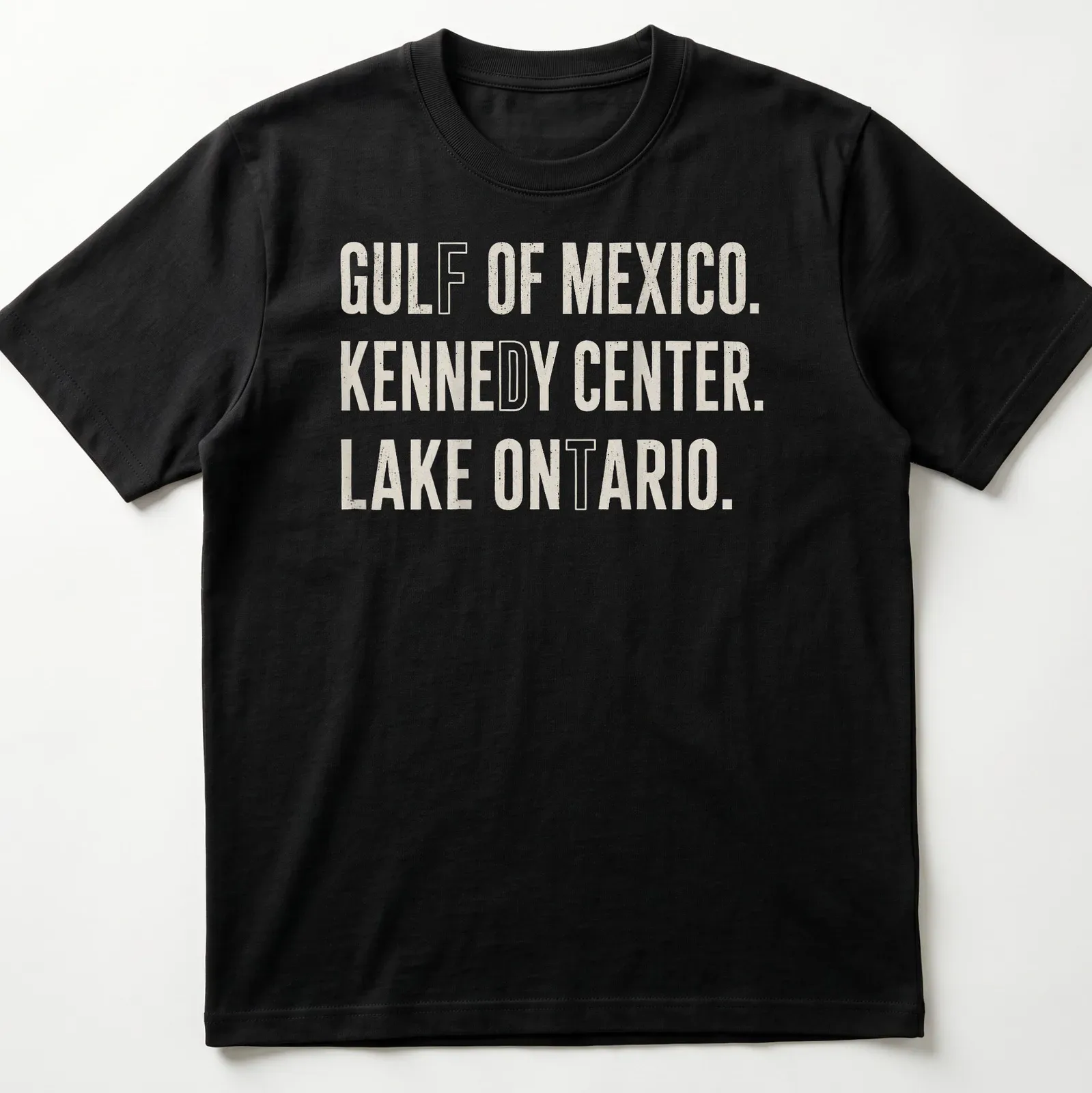 Bold typography featuring Gulf of Mexico, Kennedy Center, and Lake Ontario. — printed on a unisex t-shirt