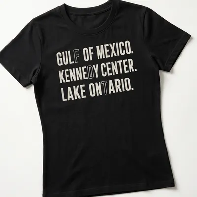 Bold typography featuring Gulf of Mexico, Kennedy Center, and Lake Ontario. — printed on a women's shirt