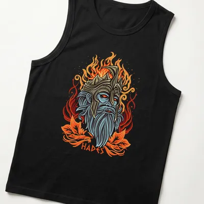 Illustrative Hades graphic in vibrant colors with bold lettering — printed on a tank top
