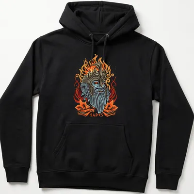 Illustrative Hades graphic in vibrant colors with bold lettering — printed on a unisex hoodie