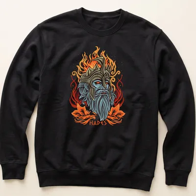 Illustrative Hades graphic in vibrant colors with bold lettering — printed on a unisex sweatshirt
