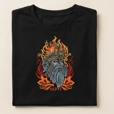 Illustrative Hades graphic in vibrant colors with bold lettering — printed on a women's shirt