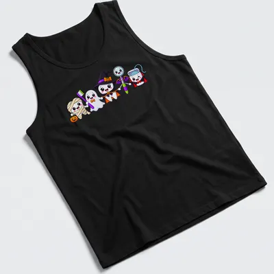 Kawaii Halloween characters: ghost, witch, mummy, and vampire on — printed on a tank top