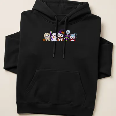 Kawaii Halloween characters: ghost, witch, mummy, and vampire on — printed on a unisex hoodie