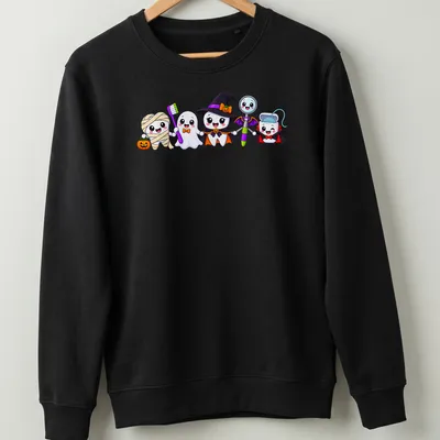Kawaii Halloween characters: ghost, witch, mummy, and vampire on — printed on a unisex sweatshirt