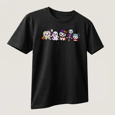 Kawaii Halloween characters: ghost, witch, mummy, and vampire on — printed on a unisex t-shirt (angled view)