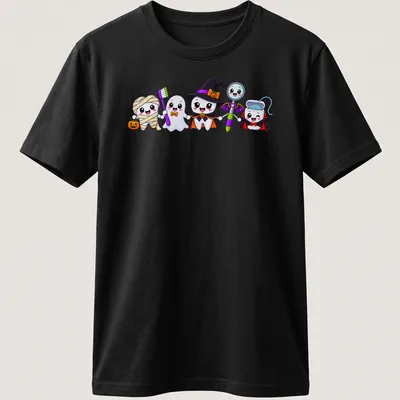 Kawaii Halloween characters: ghost, witch, mummy, and vampire on t-shirt
