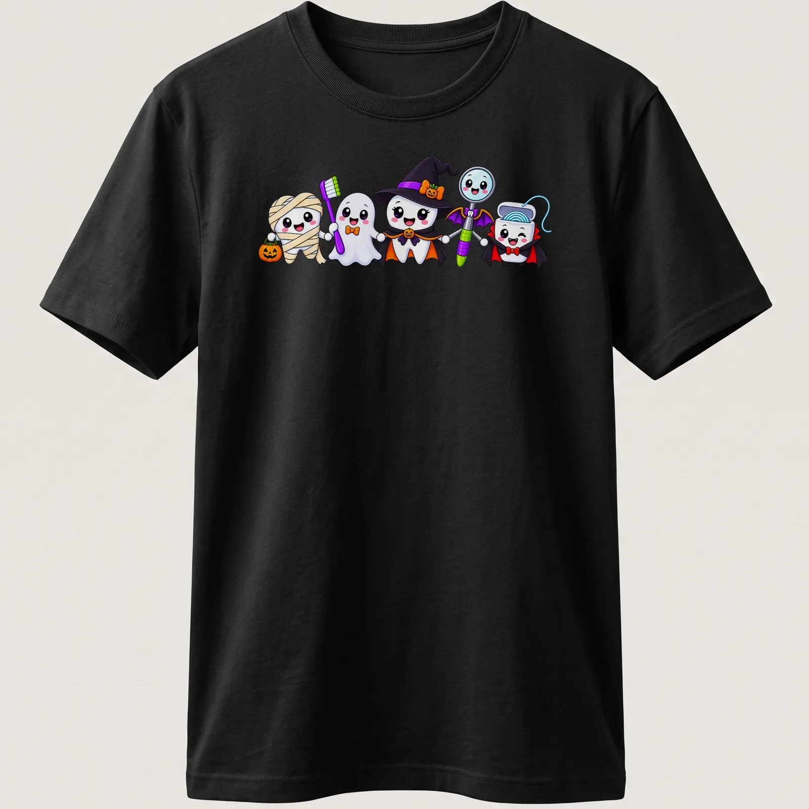 Kawaii Halloween characters: ghost, witch, mummy, and vampire on — printed on a unisex t-shirt