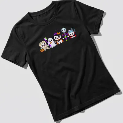 Kawaii Halloween characters: ghost, witch, mummy, and vampire on — printed on a women's shirt