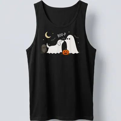 Cute illustration of a dog ghost with pumpkin and text 'Boo-P' for Halloween — printed on a tank top