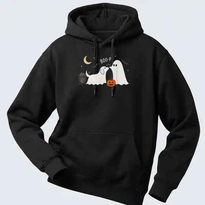 Cute illustration of a dog ghost with pumpkin and text 'Boo-P' for Halloween — printed on a unisex hoodie