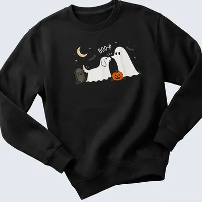 Cute illustration of a dog ghost with pumpkin and text 'Boo-P' for Halloween — printed on a unisex sweatshirt