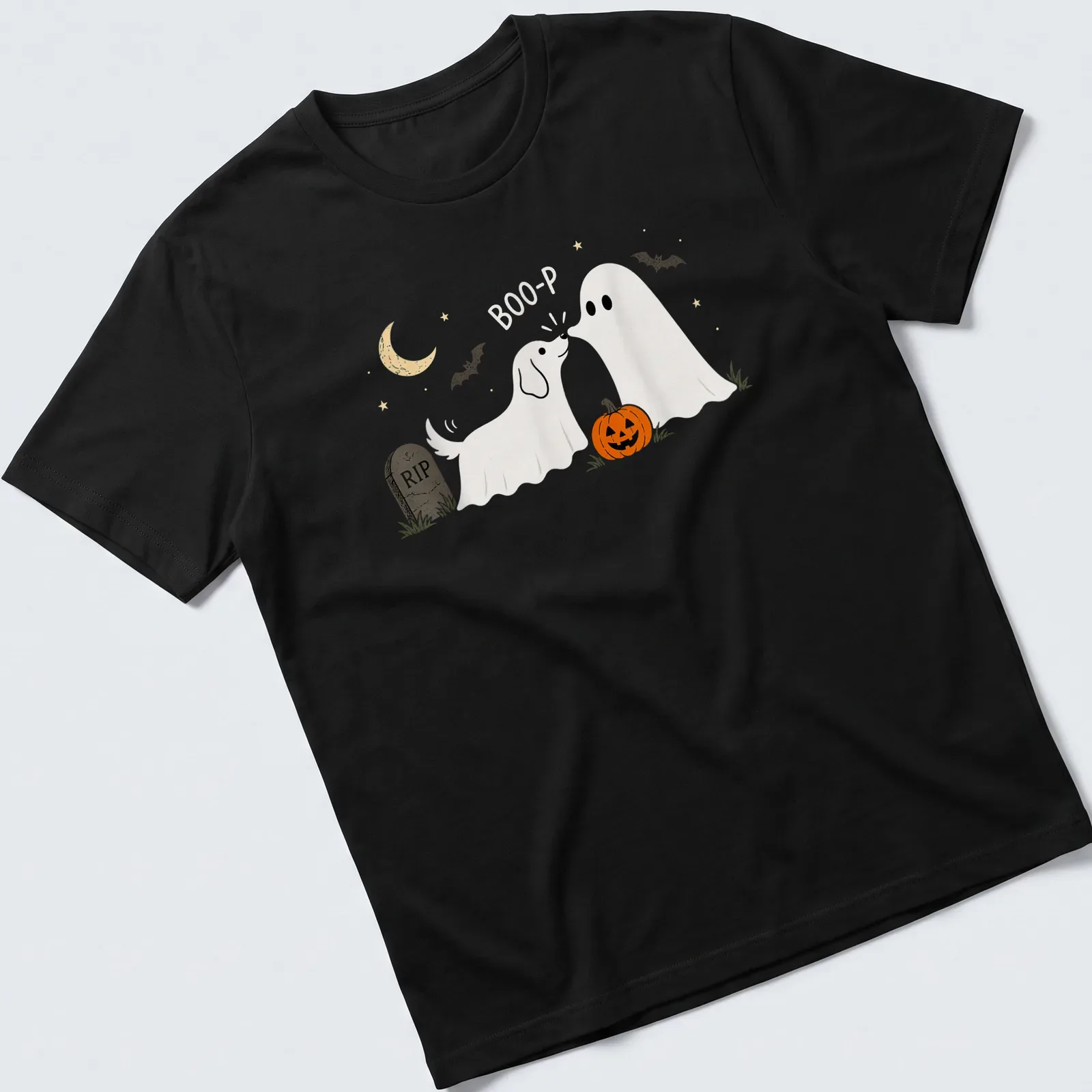 Cute illustration of a dog ghost with pumpkin and text 'Boo-P' for Halloween — printed on a unisex t-shirt