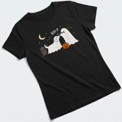 Cute illustration of a dog ghost with pumpkin and text 'Boo-P' for Halloween — printed on a women's shirt