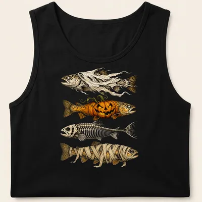 Illustration of a Halloween fish with a ghost pumpkin and mummy in orange and black tones — printed on a tank top