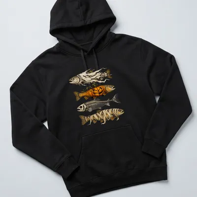 Illustration of a Halloween fish with a ghost pumpkin and mummy in orange and black tones — printed on a unisex hoodie