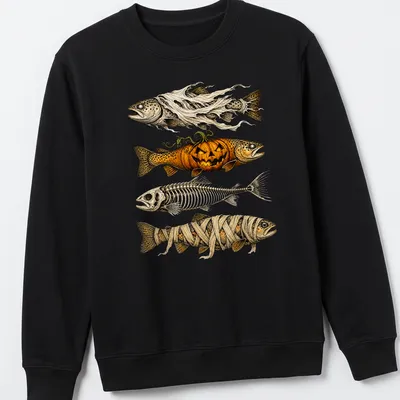 Illustration of a Halloween fish with a ghost pumpkin and mummy in orange and black tones — printed on a unisex sweatshirt