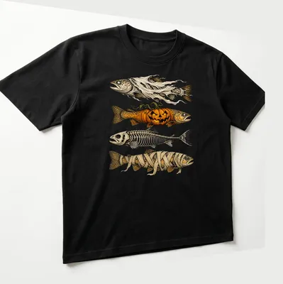 Illustration of a Halloween fish with a ghost pumpkin and mummy in orange and black tones — printed on a unisex t-shirt (angled view)