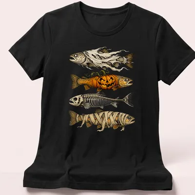 Illustration of a Halloween fish with a ghost pumpkin and mummy in orange and black tones — printed on a women's shirt