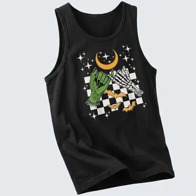 Vintage cartoon of a skeleton hand making a pinky promise with Halloween colors — printed on a tank top