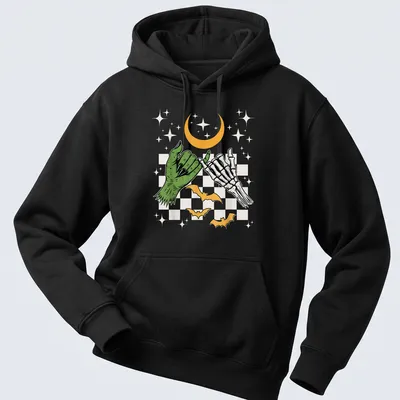 Vintage cartoon of a skeleton hand making a pinky promise with Halloween colors — printed on a unisex hoodie