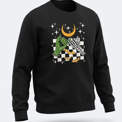 Vintage cartoon of a skeleton hand making a pinky promise with Halloween colors — printed on a unisex sweatshirt