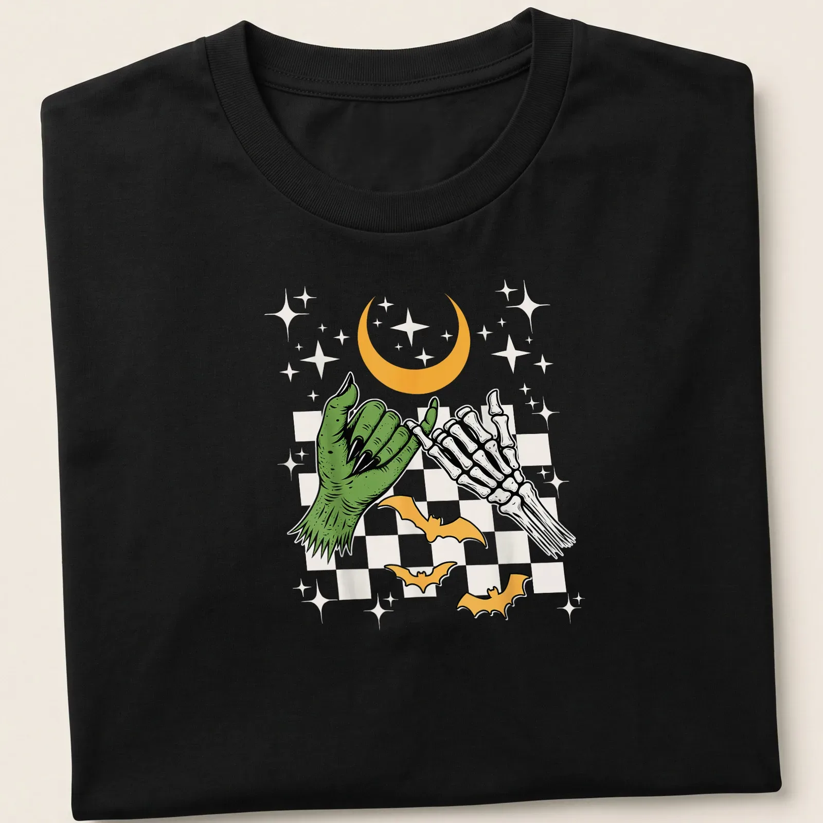 Vintage cartoon of a skeleton hand making a pinky promise with Halloween colors — printed on a unisex t-shirt