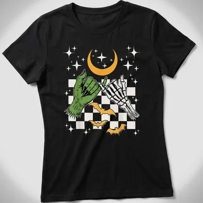 Vintage cartoon of a skeleton hand making a pinky promise with Halloween colors — printed on a women's shirt