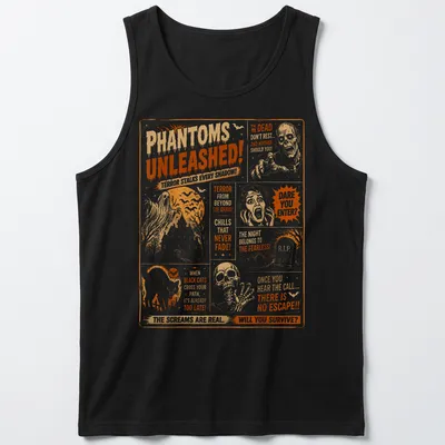 Vintage horror tee featuring phantoms and chilling text in orange, black, and white. — printed on a tank top