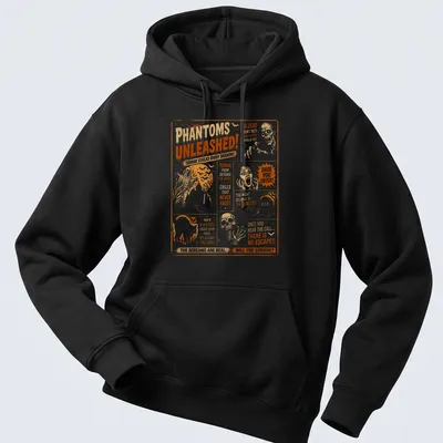 Vintage horror tee featuring phantoms and chilling text in orange, black, and white. — printed on a unisex hoodie