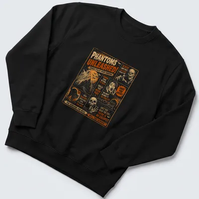 Vintage horror tee featuring phantoms and chilling text in orange, black, and white. — printed on a unisex sweatshirt