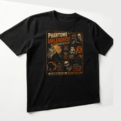 Vintage horror tee featuring phantoms and chilling text in orange, black, and white. — printed on a unisex t-shirt (angled view)