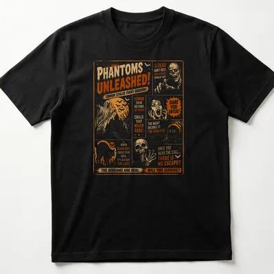 Vintage horror tee featuring phantoms and chilling text in orange, black, and white.