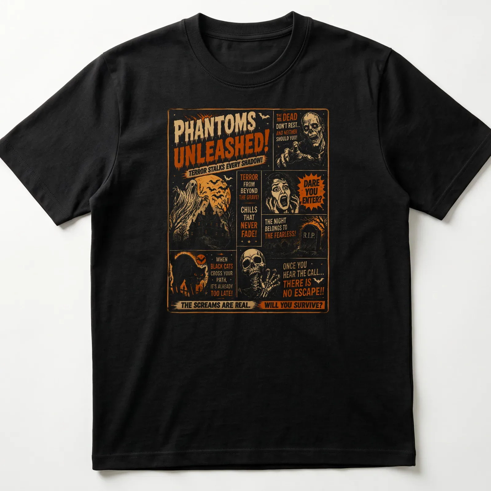 Vintage horror tee featuring phantoms and chilling text in orange, black, and white. — printed on a unisex t-shirt