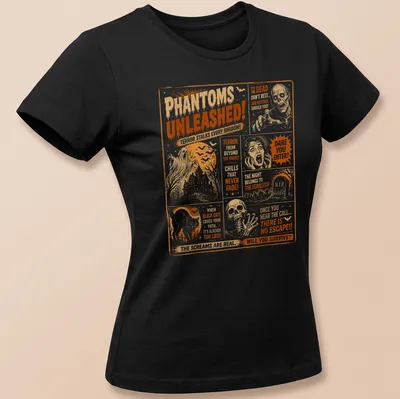Vintage horror tee featuring phantoms and chilling text in orange, black, and white. — printed on a women's shirt