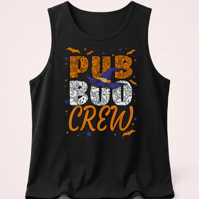 Colorful cartoon Halloween design with witch hat and 'PUB BOO CREW' text. — printed on a tank top